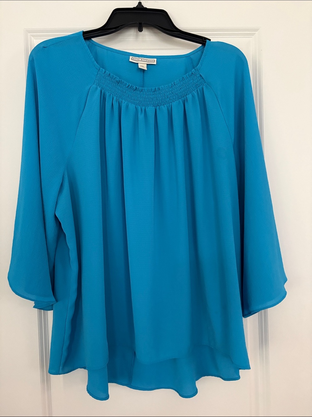 Dana Buchman Bright Turquoise Smocked Neck Blouse